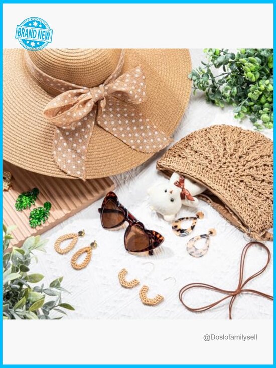 15pc Summer Beach Set Straw Sun Hat Shoulder Bag Sunglasses Earrings Bracelet main image 7